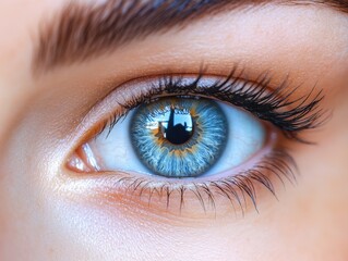 A wide-open blue eye with natural eyelashes and a glowing highlight in the pupil, isolated on white background 