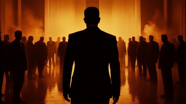 a room full of silhouetted men and women in suits, highly secretive clandestine mood