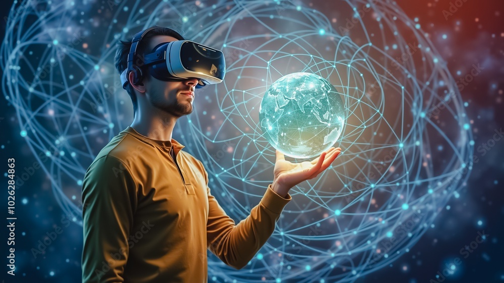 Poster virtual explorer - global connection , a man wearing a vr headset explores a glowing virtual globe, 