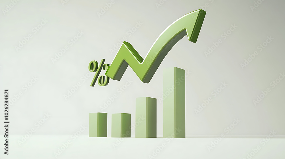 Poster green 3d arrow pointing up over a bar chart with a percentage sign.