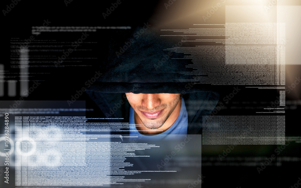 Leinwandbilder Man, hacker and hologram with malware and virus installation for firewall bypass and hub. Database, overlay and dashboard with digital coding and programming and cyber security crime on software
