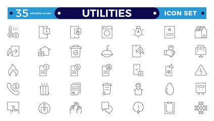 Public utilities web icons in outline style. Rent receipt, electricity, water, gas, garage, heating, Water, Fuel, Electricity, Solar House, Maintenance collection. Editable stroke outline icon.
