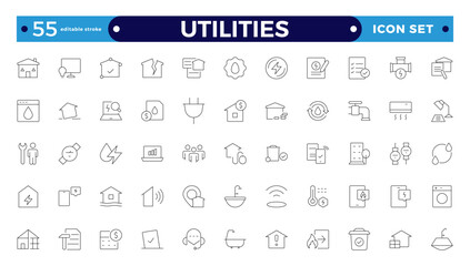 Public utilities web icons in outline style. Rent receipt, electricity, water, gas, garage, heating, Water, Fuel, Electricity, Solar House, Maintenance collection. Editable stroke outline icon.
