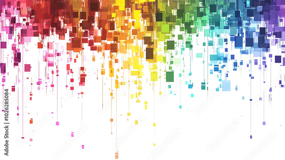 Poster abstract rainbow background with squares of different sizes and colors falling down on a white backg
