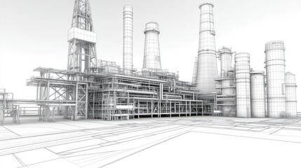 An intricate 3D wireframe model of an offshore oil rig, showing the drilling system and various structural layers, with both surface and internal components visible.