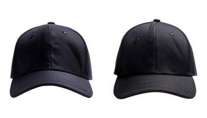 Set of black front and side view hat baseball cap  on transparent background
