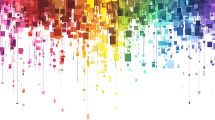 Abstract rainbow background with squares of different sizes and colors falling down on a white background.
