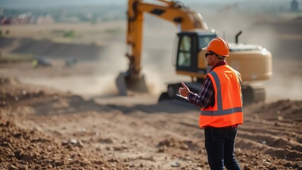 Construction Worker Supervising Backhoe Excavation, A construction worker wearing a safety vest and hard hat observes a yellow backhoe excavating dirt on a site.
