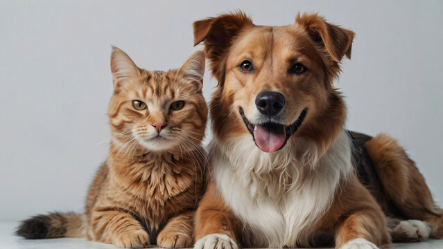 Dog and cat portrait on white background isolated. Pets and companions. Commercial banner for advertising cat and dog food. Pets looking at the camera on white background. Wallpaper. Copy space