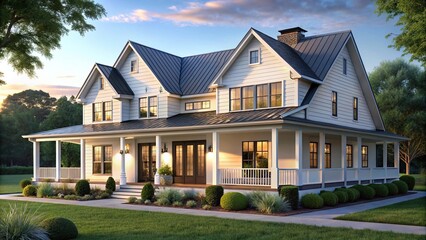 Modern farmhouse exterior with white facade, dark roof, spacious wrap around porch