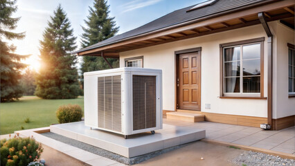 Fototapeta premium Modern house exterior with heat pump installed for energy efficient home heating
