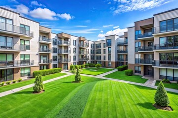 modern fresh apartment blocks with green lawn in front high angle