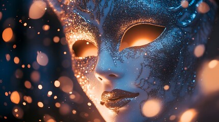 The air around the mask is filled with soft glimmering particles reflecting light and enhancing the magical effect