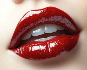 Obraz premium A detailed close-up of glossy red lips in a slight pout, isolated on white background 