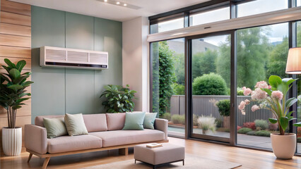 Fototapeta premium Living room with air conditioner and large glass doors leading to outdoor garden