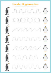 Basic writing exercises. Trace line worksheets for children. Preschool handwriting practice. Vector illustration. A4 - ready to print format