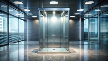 Modern glass podium with LED lights and glass elevator