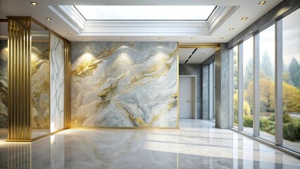 Modern gray and white abstract marble painting with gold leaf accents in wide-angle view, perfect for a luxury porch setting