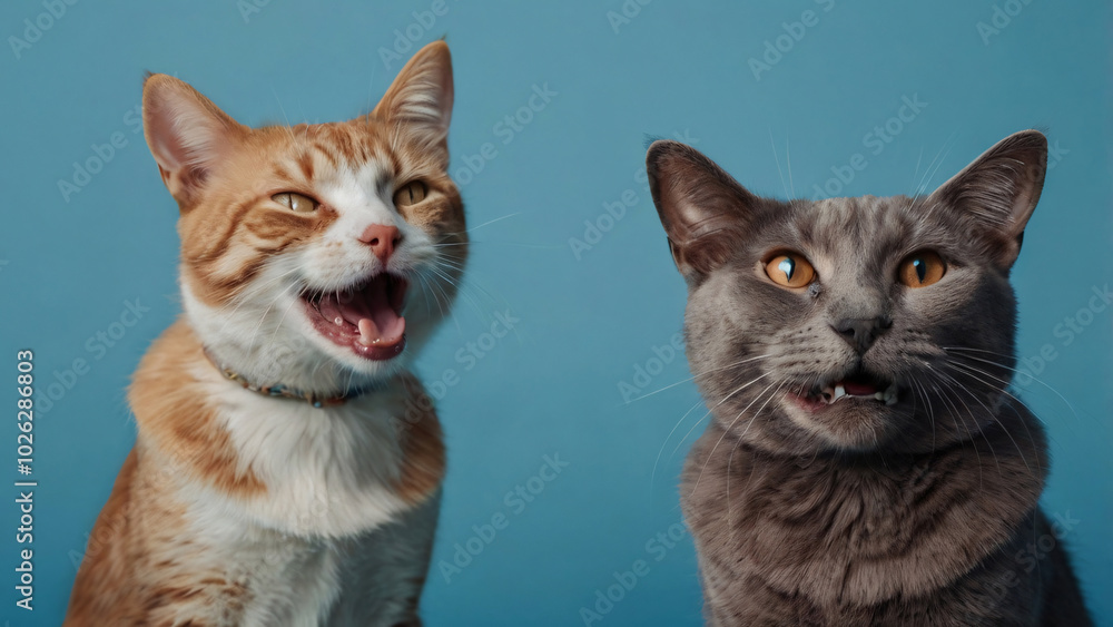 Wall mural two cat portrait on blue background isolated. pets and companions. commercial banner for advertising