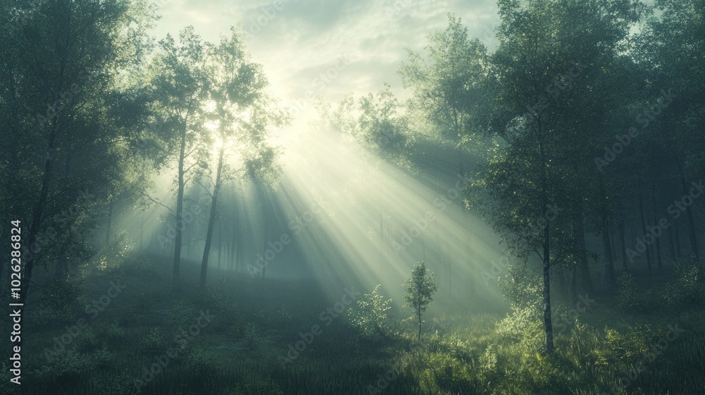 Poster sunbeams piercing through a misty forest, creating a magical and ethereal atmosphere.
