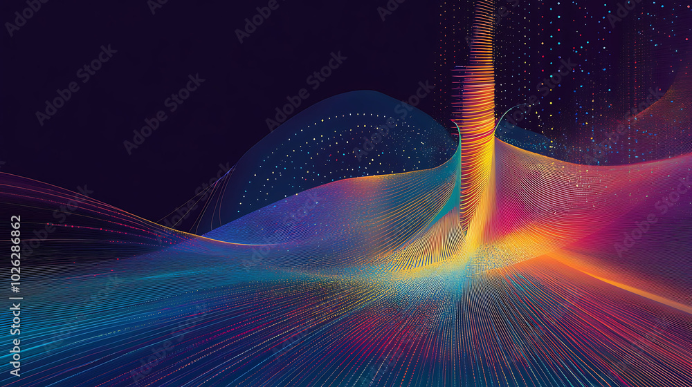 Poster abstract digital background with colorful lines and glowing light in the dark.