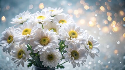 Fototapeta premium Stunning aerial perspective of white daisies and chrysanthemums set against a grey backdrop, enhanced by soft bokeh effects, perfect for floral decor inspiration.