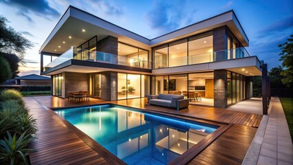 Fototapeta premium Modern house exterior with large windows, pool, and evening lighting