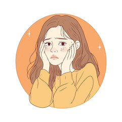 Sad teenage girl young woman resting her chin on her hands thinking frustrated Flat Vector Illustration