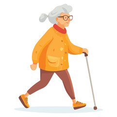 Elderly Woman Enjoying Nature with Walking Stick Outdoors Flat Vector Illustration