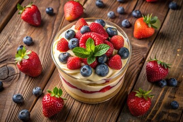Aerial View of Homemade Dessert with Fresh Berries, Strawberries, and Vanilla Cream for Tempting Culinary Photography