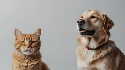 Dog and cat portrait on white background isolated. Pets and companions. Commercial banner for advertising cat and dog food. Pets looking at the camera on white background. Wallpaper. Copy space