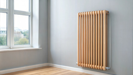 Wall-mounted radiator heater in empty room with large window and bright daylight