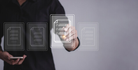 Young man with smartphone mobile hand hold a pen touching to sign a business contract online,...