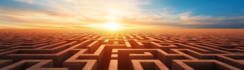 Vast maze under a sunset sky with warm colors and intricate paths.