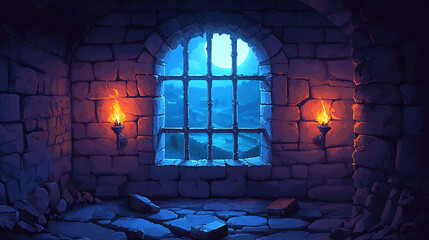A stone room with a large arched window overlooking a moonlit landscape. Two torches illuminate the room, casting a warm glow.