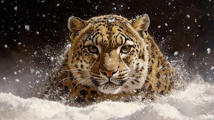 Papier peint photo  Majestic leopard emerging from a snowy landscape, capturing the essence of winter's beauty and wildlife as snowflakes dance around  © Enrique