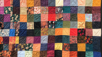 A colorful quilt made of many different pieces of fabric