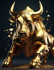 Golden bull statue cracked and falling apart investment, symbolizing the end of a market rally.