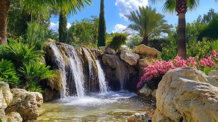 Obraz premium A small waterfall cascades down rocks surrounded by lush greenery and pink flowers in a sunny garden setting.
