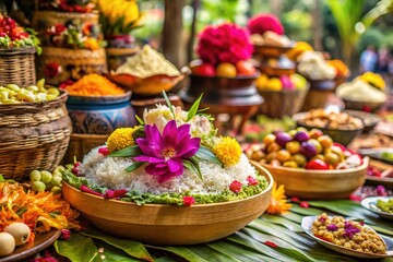 Balinese Hindu Woman Preparing Traditional Offerings for Wedding Ceremony in Bali - Macro Photography