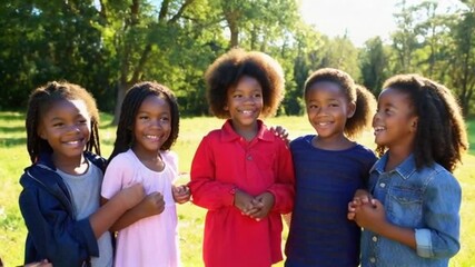 A group of young afro american girls are smiling and hugging each other in a park. Scene is happy and friendly