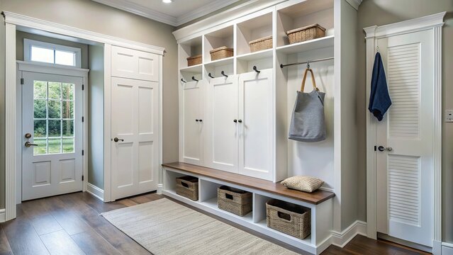 Modern mudroom with white doors, hooks, storage bench