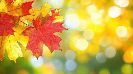 Fototapeta premium Autumn template with red maple leaves and sunlight