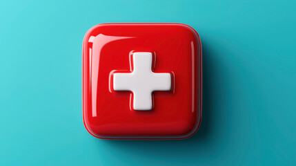 3D ed red square button with white medical cross symbol on a blue background, representing healthcare or medical emergency.