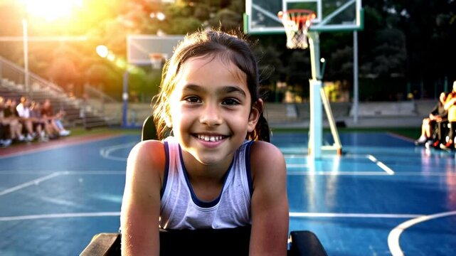 A young girl in a wheelchair is smiling at the camera in front of a basketball court. Concept of joy and resilience, as the girl is able to participate in a sport despite her physical limitations