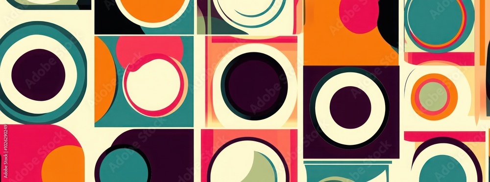 Poster abstract geometric pattern with colorful circles and squares.