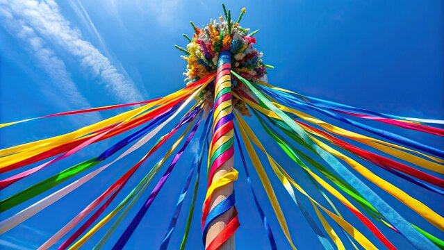 Colorful maypole dancing in the wind against blue sky background