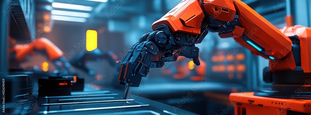Poster a robotic arm working on an assembly line in a futuristic factory.