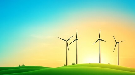 Fototapeta premium Wind turbines on green hills under a bright sunset sky.