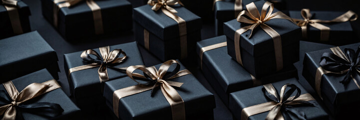 Gift box with gold ribbon. Gifts and presents in black wrapping looking elegant and classy. Birthday or Christmas gift boxes, discount and sale. Black Friday concept banner with copy space